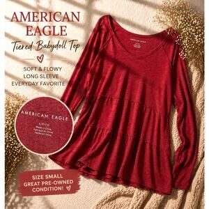 American Eagle Soft Tiered Babydoll Top Red Long Sleeve Small